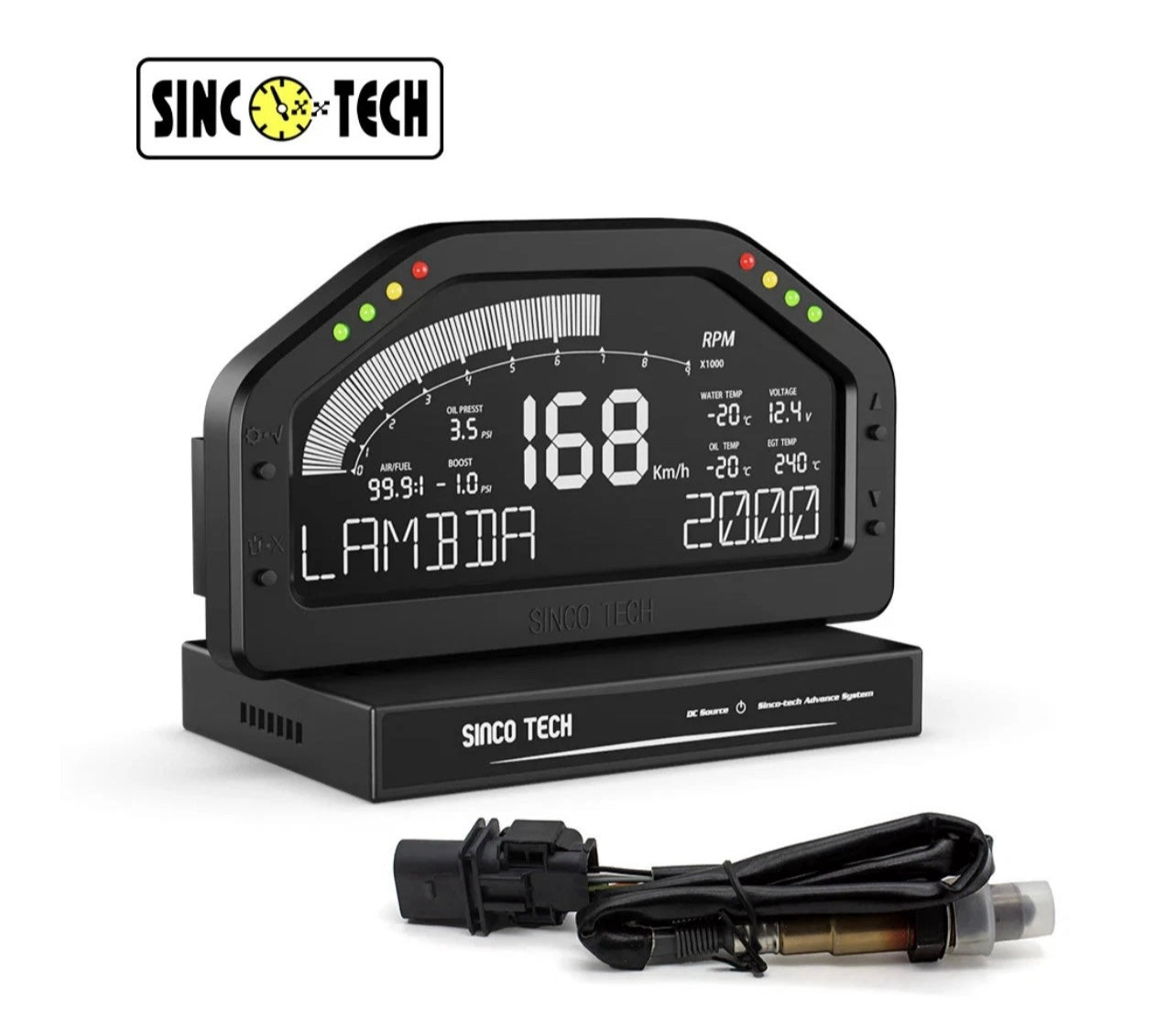 SincoTech Wideband 7-Colour Multifunctional Black Racing Dashboard With Sensor